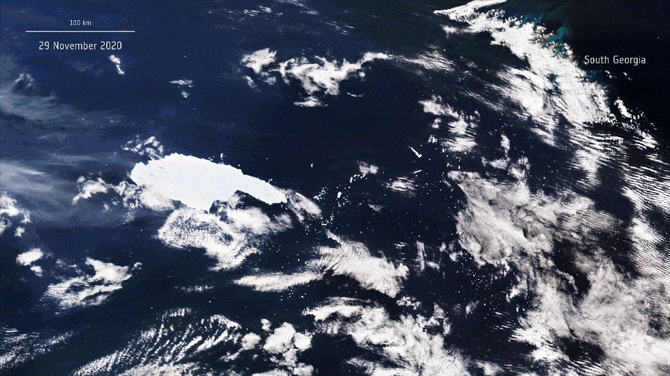 在超过两个星期的过程中拍摄的一系列图像显示，A-68a接近南乔治亚州，然后在冲击浅海近海区域后破裂并旋转。 （图片来源：ESA）