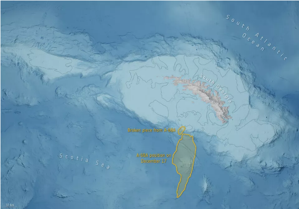等高线图显示了A-68a分裂并转向的区域中的海底。 （图片来源：英国南极调查局/ ESA）