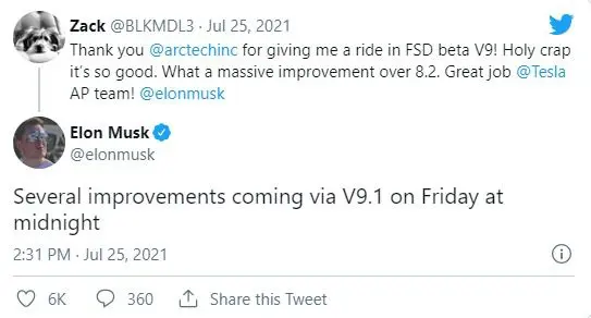 马斯克暗示：特斯拉将于本周五发布FSD Beta 9.1更新