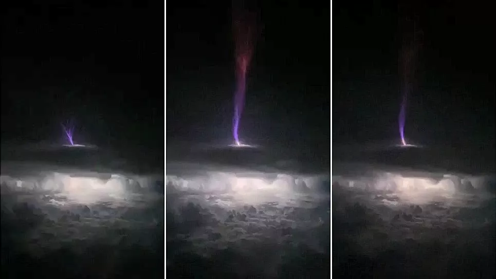 三张连续的照片，一张“巨大的喷射”闪电从俄克拉荷马州上空的云层顶部爆炸，直接射入太空。 （图片来源：克里斯·福尔摩斯）