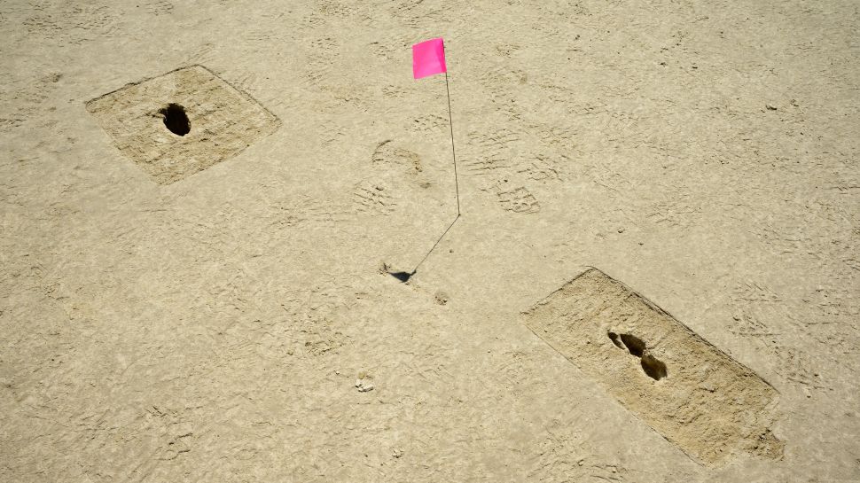 在犹他州的大盐湖沙漠中发现的两个鬼脚印。 （图片来源：R. Neal Bradshaw 拍摄的美国空军照片）