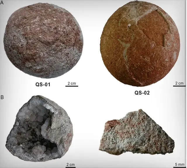 在中国发现的炮弹大小的水晶填充恐龙蛋