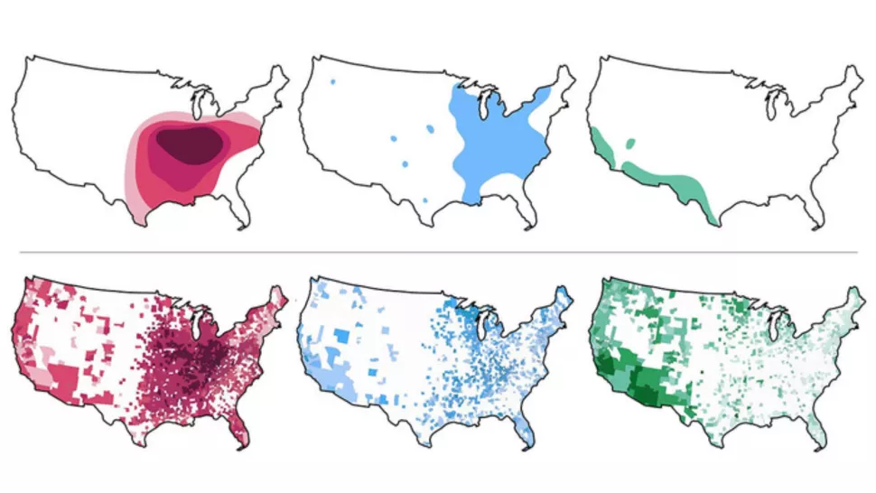 这些地图显示了 1955 年估计的导致美国肺部感染的三种主要真菌种类（组织胞浆菌属（红色）、芽生菌属（蓝色）和球孢子菌属（绿色））的历史范围（顶行）。地图的底行显示了新研究估计的 2007 年至 2016 年间真菌的分布范围。（图片来源：Patrick Mazi 和 Andrej Spec/华盛顿大学）