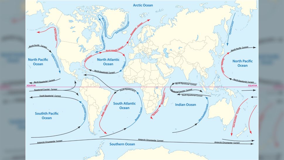 有主要洋流的世界地图。 （图片来源：Rainer Lesniewski 来自 Shutterstock）