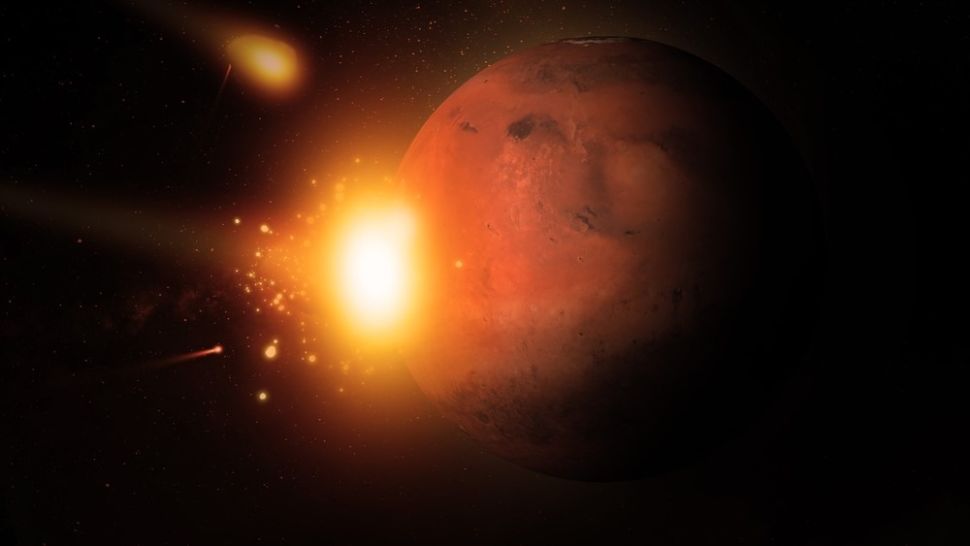 艺术家对一颗杀手小行星在撞击红色星球时爆炸的解释。 （图片来源：Shutterstock）