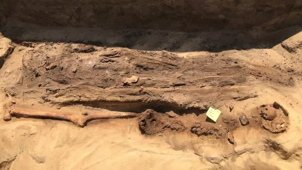 在埃及奎斯纳附近的墓地中发现的一具木乃伊的遗骸。（图片来源：由埃及旅游和文物部提供）